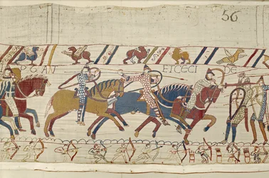 Die Normannen kämpfen und töten diejenigen, die mit König Harold waren, Teppich von Bayeux